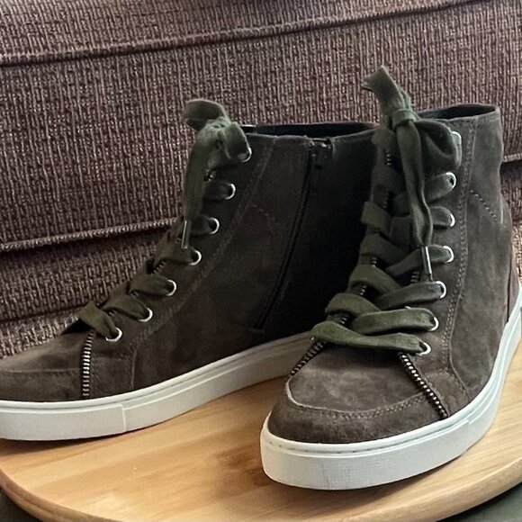 Frye Olive Green Leather Suede Hi Top Sneaker Boots Lace Zip Sindy Moto Sz 8.5 - Picture 3 of 6